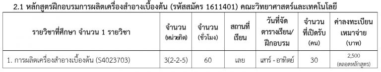 หลักสูตรฝึกอบรมการผลิตเครื่องสำอางเบื้องต้น (รหัสสมัคร 1611401) คณะวิทยาศาสตร์และเทคโนโลยี